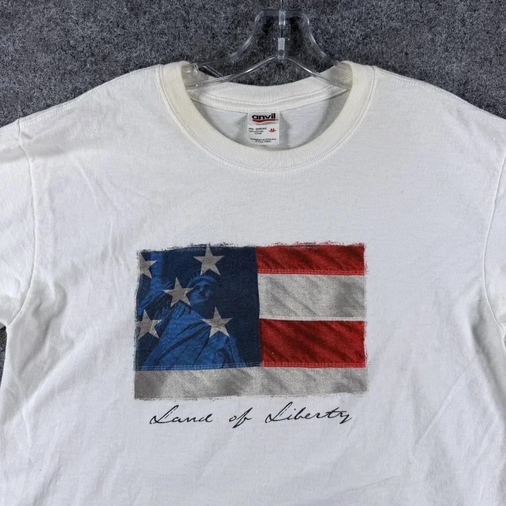 Vintage Anvil‎ Land of Liberty T-Shirt Mens M White Pre-Shrunk USA American Flag